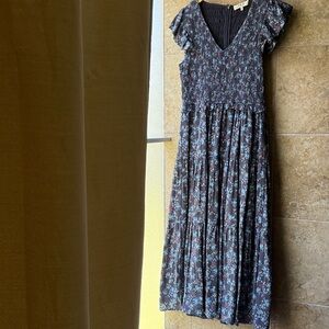 SEA NY Tilly Smocked Floral Tiered Midi Dress Pockets Flutter Sleeves Ruffle 10